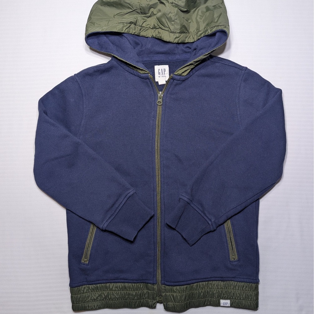 Gap Kids Boys Mixed Media Full Zip Fleece Hoodie Size M 8 True Indigo Blue Olive